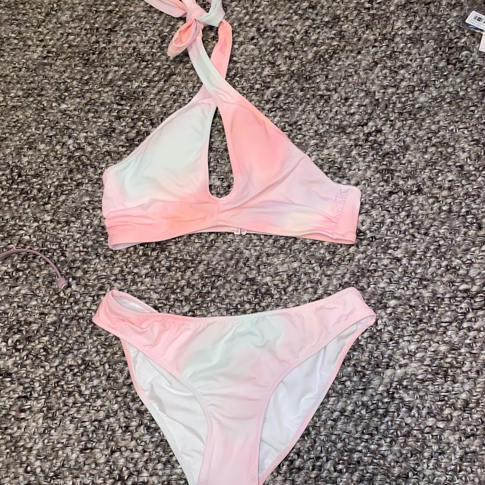 PINK tie dye crisscross neck bikini set
